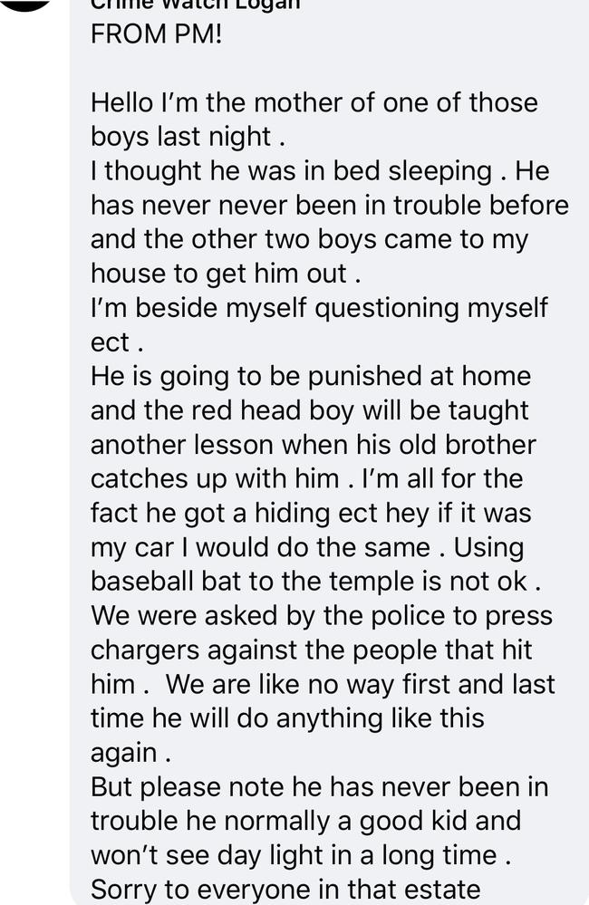 The mother’s response to her son’s beating. Picture: Crime Watch Logan