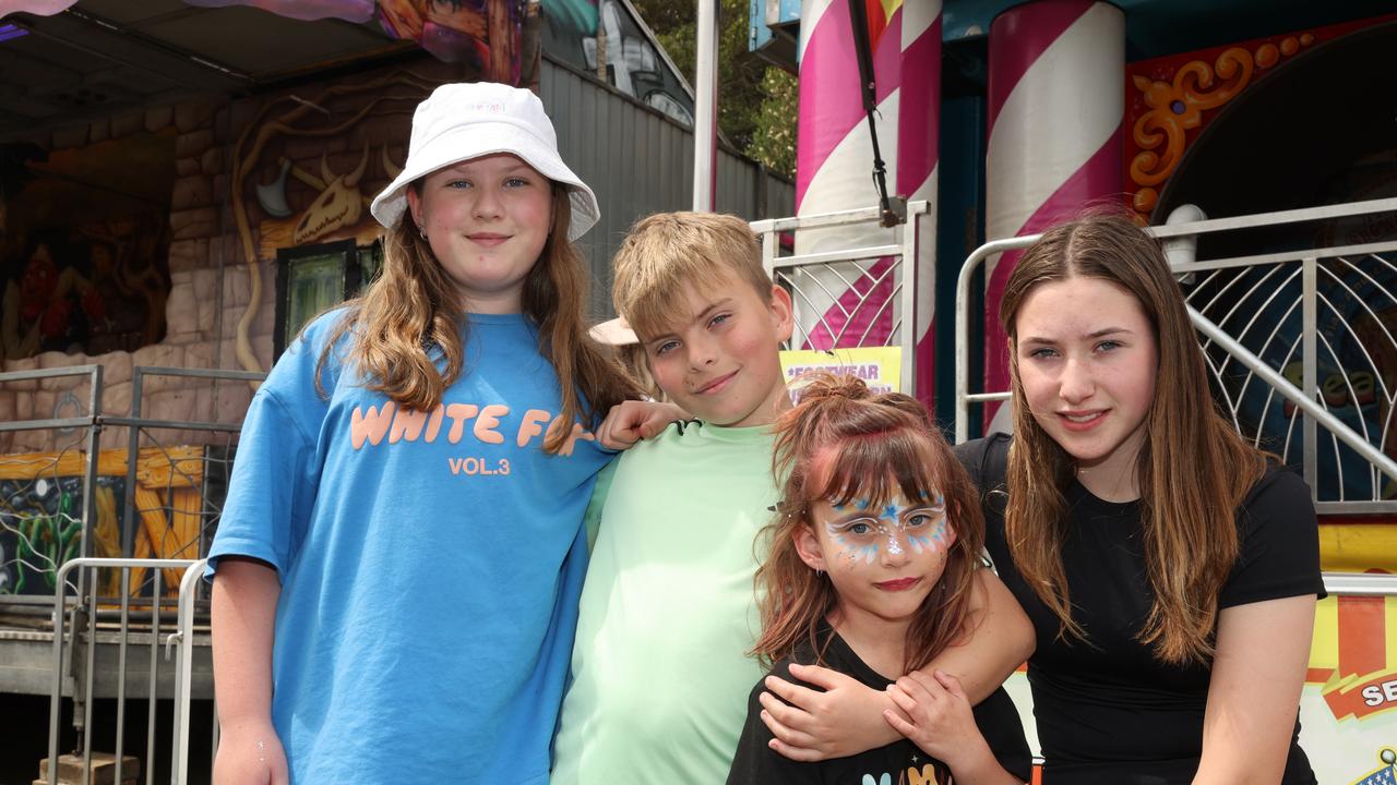 Willow Matthey, left, Riley Portch and his sister Charli and cousin Chelsea Colville at the Geelong Show. Picture: Alison Wynd