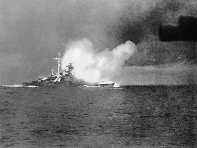 Deadly opponent ... The German battleship Bismark opens fire during the Battle of the Denmark Strait in which HMS Hood was sunk. Source: Imperial War Museum.