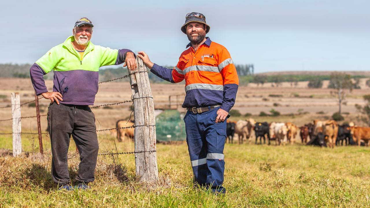 Yarraman Beef Producer/Graingrower/Peanut farmer Bill Holmes with son Bryce Holmes (3rd and 4th generation). A proposal by the Coalition to construct a Nuclear Power Station in the region. At the Tarong Power Station location. 21st June 2024. pic David Martinelli