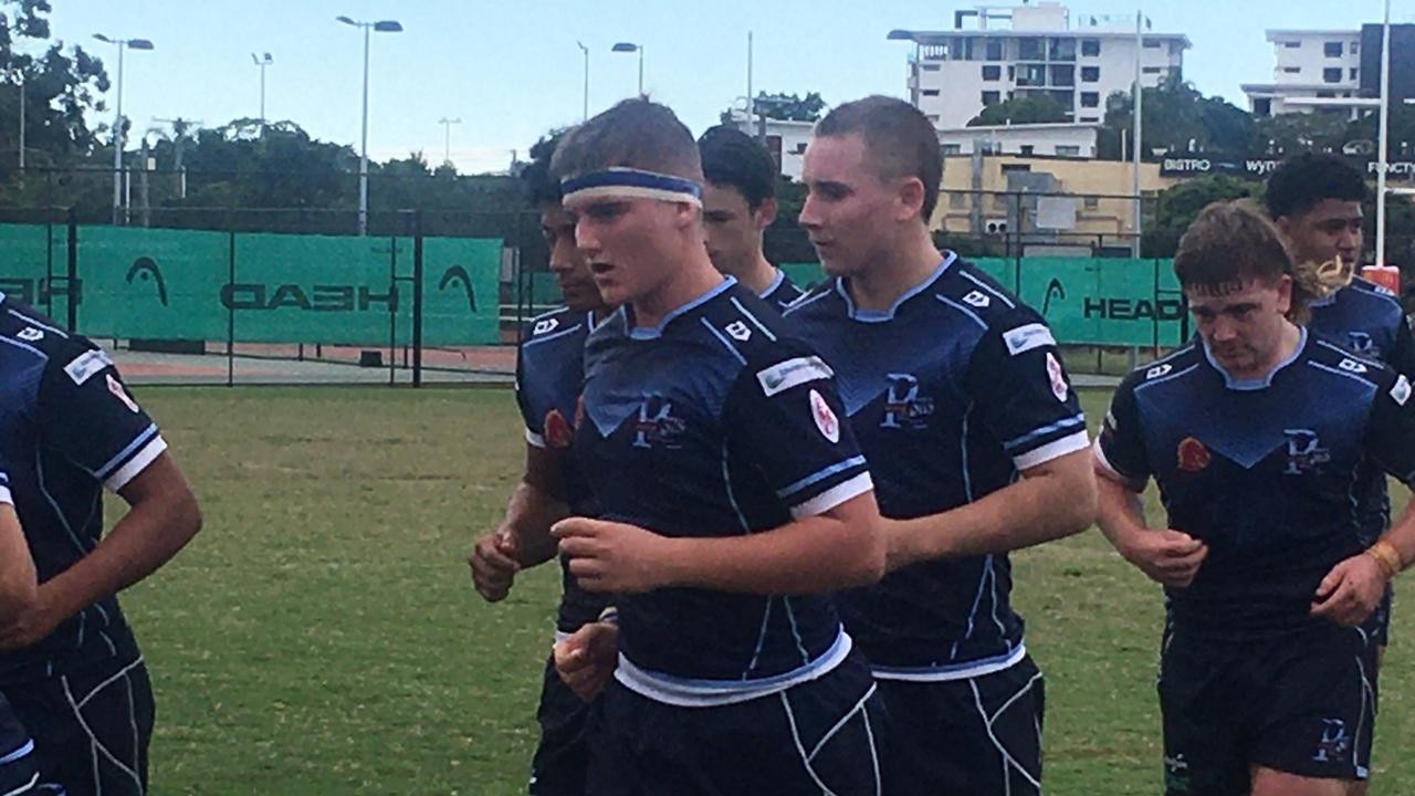 Redcliffe SHS hooker Jack Cameron, centre, and his skipper Matt Bennett, right.