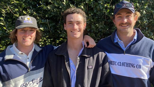 Luke Edwards, Danny Ryan and Angus O'Connor having fun at Dubbo Kangaroos Rugby Club Ladies Day. Picture: Tijana Birdjan