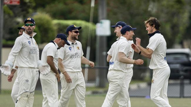 Brighton players celebrating an Endeavour Hills wicket. Picture: Valeriu Campan