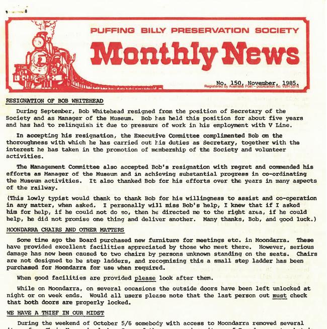 The resignation of Bob Whitehead as secretary of the Puffing Billy Preservation Society in 1985 as published in the Puffing Bill Preservation Society Monthly.