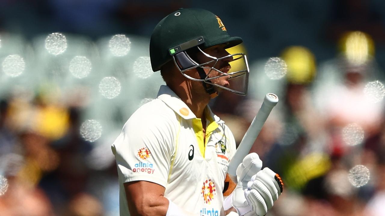 David Warner after being dismissed by Alzarri Joseph on day 1 of the Adelaide Test. Picture: Chris Hyde/Getty Images