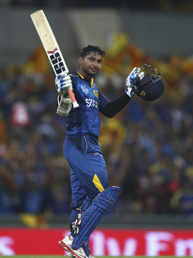 Sangakkara celebrates one of his many one day international centuries. Picture: Getty