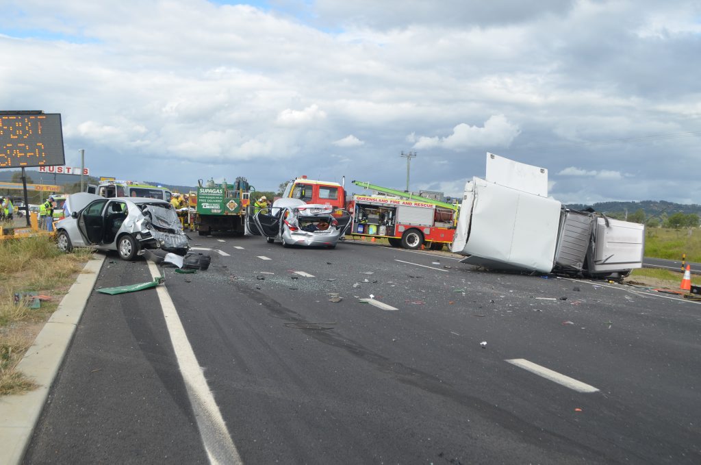 There was a five-vehicle crash eastbound on the Warrego Highway at Hatton Vale on Friday afternoon. . Picture: Amy  Lyne