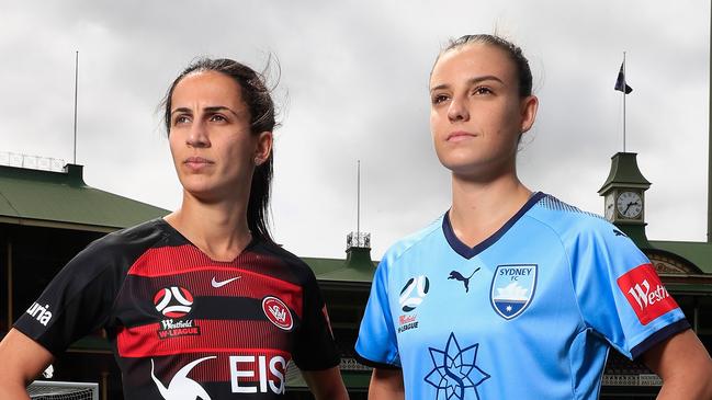 Leena Khamis of the Wanderers with Chloe Logarzo of Sydney FC will take part in the opening match of the W-League season. (Photo by Mark Evans/Getty Images for The Star)