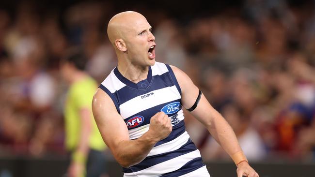 AFL Preliminary Final 17/10/2020. Brisbane Lions vs Geelong at the Gabba, Brisbane. Gary Ablett celebrates a goal in the third. Picture: Michael Klein