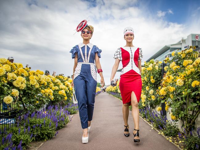 Gracyn Marsternson, 18, and Jordan Beard, 22, at the 2014 Melbourne Cup. Picture: Jason Edwards.