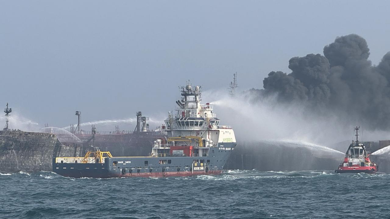 Fire and rescue services attend after a collision between oil tanker MV Stena Immaculate and the cargo vessel MV Solong on March 10, 2025. (Photo by Getty Images/Getty Images) (Photo by Getty Images/Getty Images)