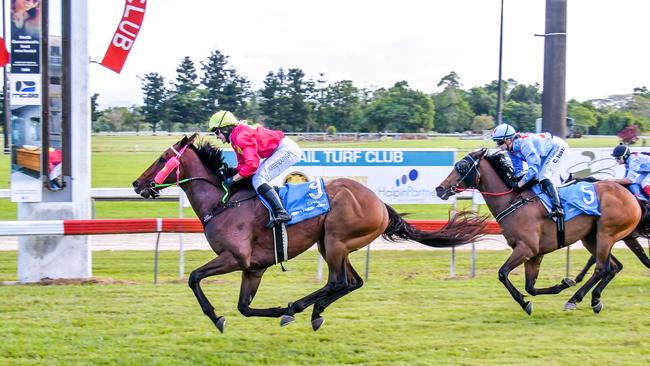 Maquereau, ridden by jockey Kate Southam, wins the 2020 Innisfail Cup (2000m) for trainer Sharlee D'Avila. Picture: Peter Roy.