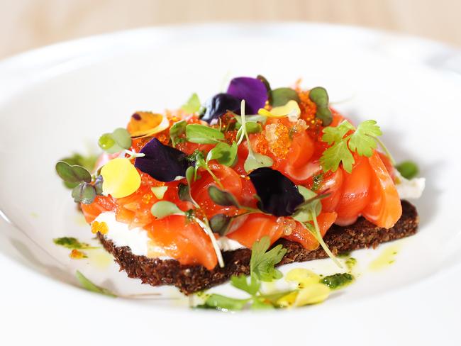 Cured ocean trout ricotta chives and pumpernickel dish at Alex & Co in Parramatta. Picture: Brett Costello