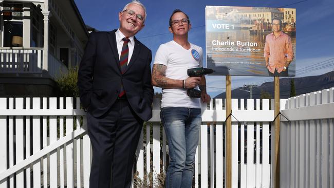 Andrew Wilkie federal independent member for Clark with Charlie Burton with dog Scarlett. Charlie Burton will run as an independent candidate in the legislative council seat of Hobart in the upcoming election with the backing of former partner Andrew Wilkie. Picture: Nikki Davis-Jones