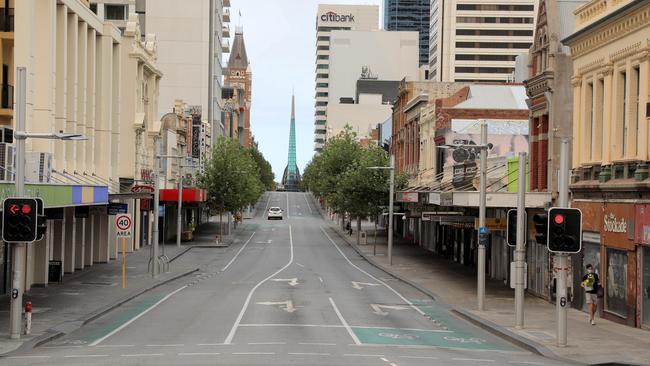 A near-deserted Barrack Street in central Perth. Picture: Philip Gostelow