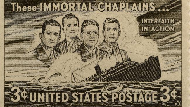 A 1948 US postage stamp honouring the four chaplains who gave their life jackets to others during the sinking of the troop ship Dorchester in 1943.