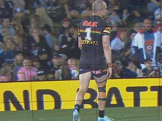 Dylan Edwards' right knee strapped heavily against the Rabbitohs