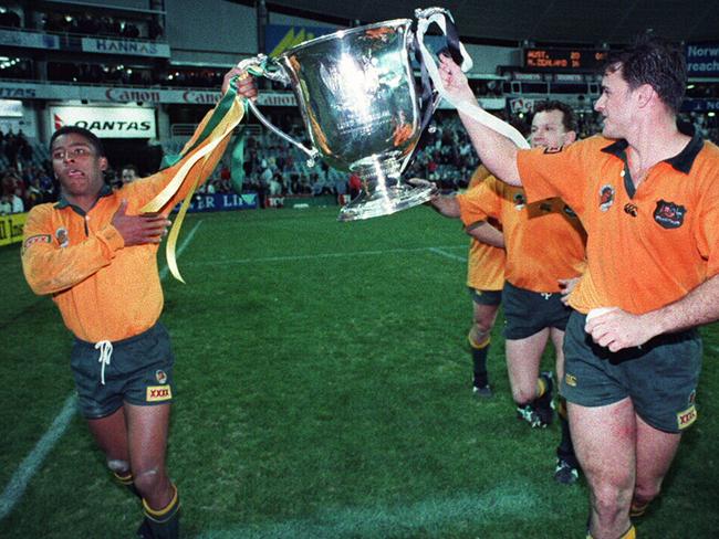 Wallabies hero George Gregan does lap of honour with Bledisloe Cup after the 1994 victory over New Zealand All Blacks at SFS.