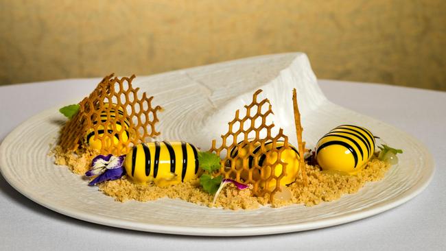 Chamomile and honey bee dessert at Bacchus Restaurant, South Brisbane.