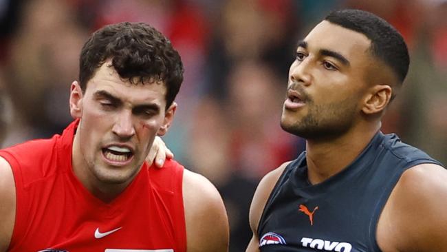 Sydney's Tom McCartin after being struck by Callum Brown during the Sydney Derby XVXII AFL match between the Sydney Swans and GWS Giants at the SCG on May 4, 2024. Photo by Phil Hillyard(Image Supplied for Editorial Use only - **NO ON SALES** - Â©Phil Hillyard )