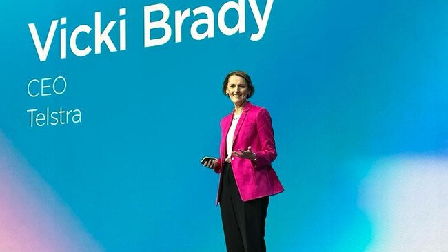 Telstra chief executive Vicki Brady gives a speech at Mobile World Congress in Barcelona.