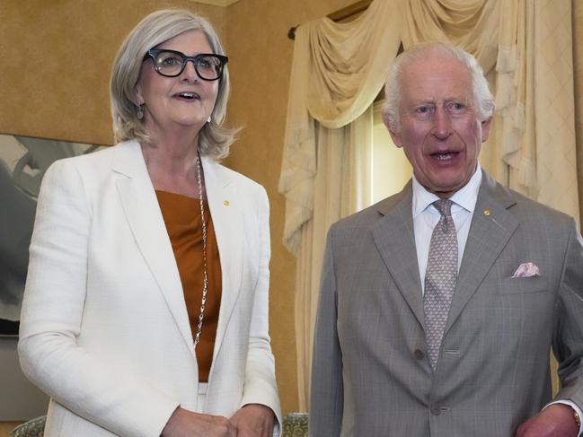 SYDNEY, AUSTRALIA - OCTOBER 20: King Charles III greets Governor-General of Australia Sam Mostyn at Admiralty House on October 20, 2024 in Sydney, Australia. King Charles and Queen Camilla are on the second day of a visit to Australia, his first as Monarch. CHOGM in Samoa will be his first as Head of the Commonwealth. (Photo by Mark Baker - Pool/Getty Images)