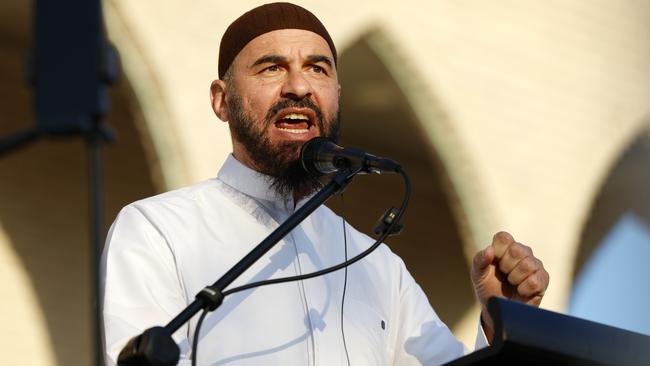 Sheik Wesam Charkawi speaks on Monday at a rally held at Lakemba Mosque. Picture: Jonathan Ng