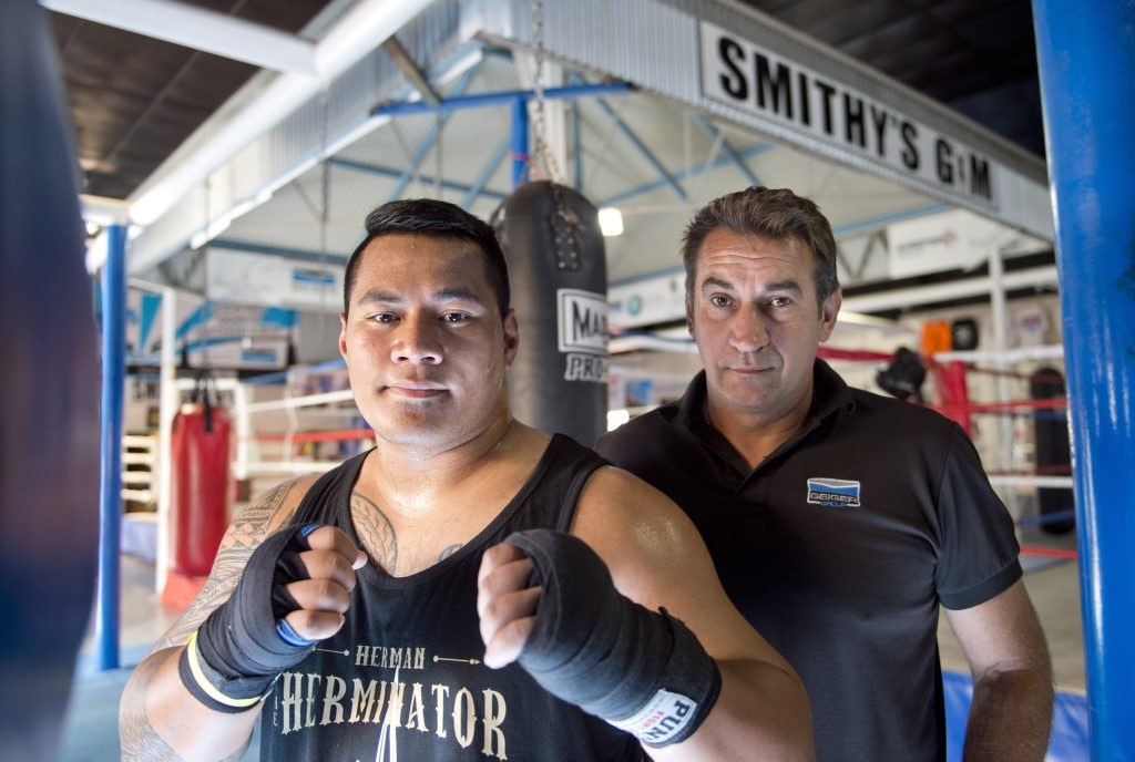 OFFER: Herman Ene-Purcell and Brendon Smith at Smithy's Gym. Photo Nev Madsen / The Chronicle. Picture: Nev Madsen