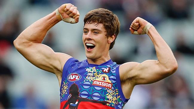Josh Dunkley celebrates the side’s victory. Picture: Michael Klein.