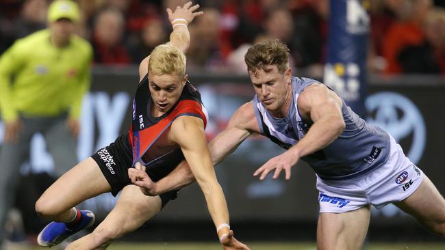 Fantasia battles Tom Jonas in a 2019 Essendon-Port Adelaide match. Picture: Michael Klein