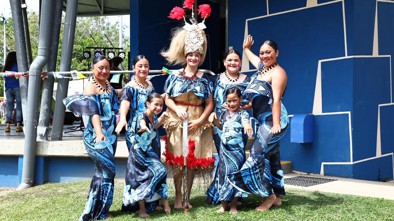 The Measina Treasures of Samoa dancers (L-R)Precious Baker, Zahrah Bajramovic, 9, Madinah Bajramovic, Aisha Bajramovic, Peyton Esekia, Aaliyah Esekia, 6, and Jehaziel Kose get ready to perform on stage at the 19th annual CARMA multicultural festival, held at Fogarty Park. Picture: Brendan Radke