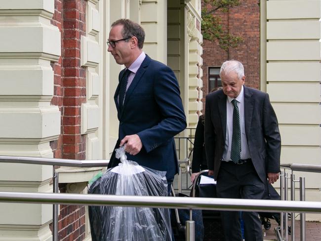 Crown Prosecutor Jack Shapiro and Director of Public Prosecutions Daryl Coates arrive at the trial of Cedric Harper Jordan and Noelene June Jordan in relation to the murder of Shane Barker in 2009 at Campbell Town. Picture: Patrick Gee