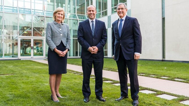 Treasurer Josh Frydenberg with ASIC chair Joe Longo and deputy Sarah Court in April 2021.