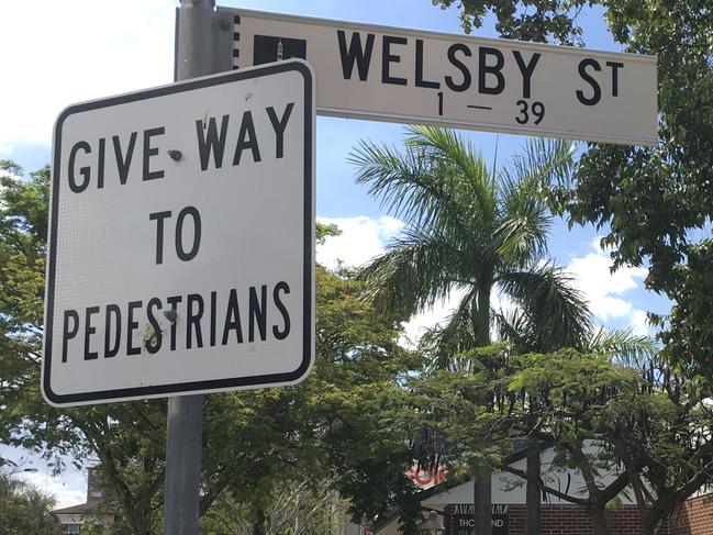 The sign on Welsby Street telling motorists to give way to pedestrians.