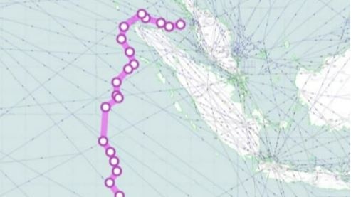 The suggested flight path of MH370. Sumatra Indonesia can be seen at the top right of the map. Picture: Supplied