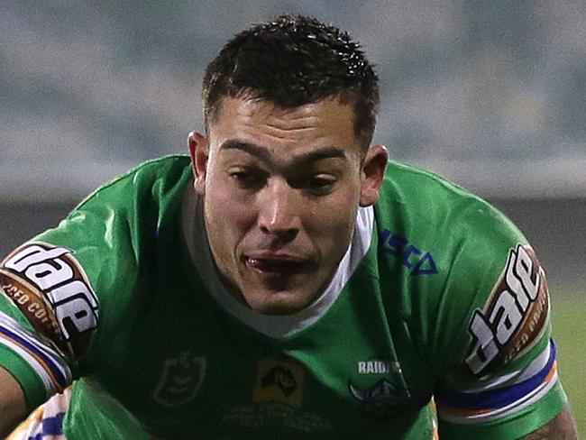 CANBERRA, AUSTRALIA - JULY 11: Nick Cotric of the Raiders scores a try during the round nine NRL match between the Canberra Raiders and the Melbourne Storm at GIO Stadium on July 11, 2020 in Canberra, Australia. (Photo by Matt King/Getty Images)