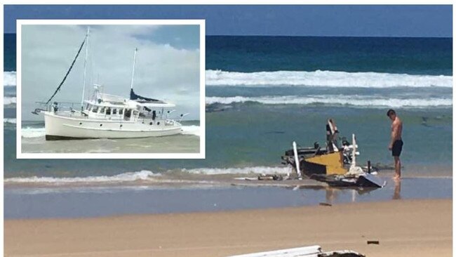 A boat was smashed to pieces by waves in just one night near Double island Point on the weeknd. Photos : Clayton's Towing