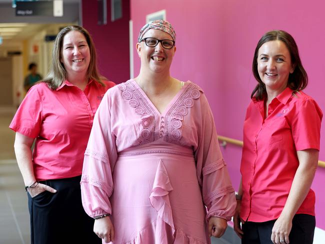 MARCH 1, 2024: (L-R) Melinda Aslin (McGrath Breast Care Nurse) breast cancer patient Tina Doran and Melissa Grady (McGrath Breast Care Nurse) pictured at Blacktown Hospital.  The NSW Government is delivering on its promise to support additional McGrath Breast Care Nurses across the state.Picture: Damian Shaw