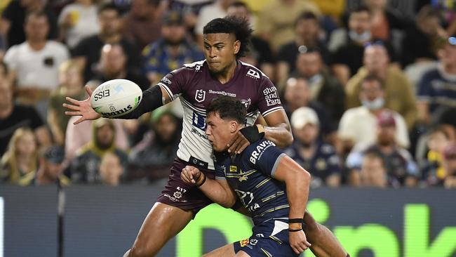 Haumole Olakau'atu set up a brilliant try with this tab back over the dead ball line. Picture: Getty Images.