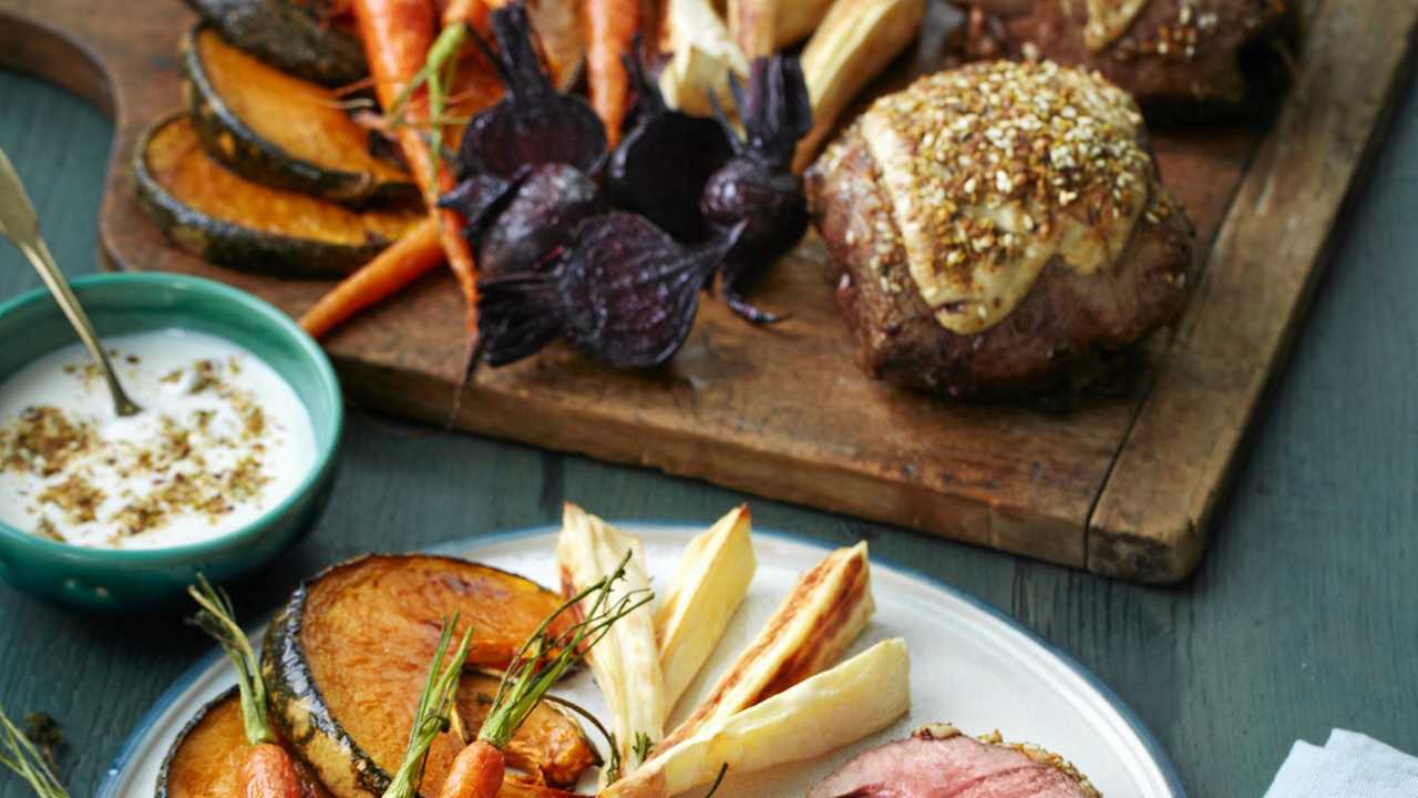 Lamb mini roast with dukkah and roast vegetable salad.