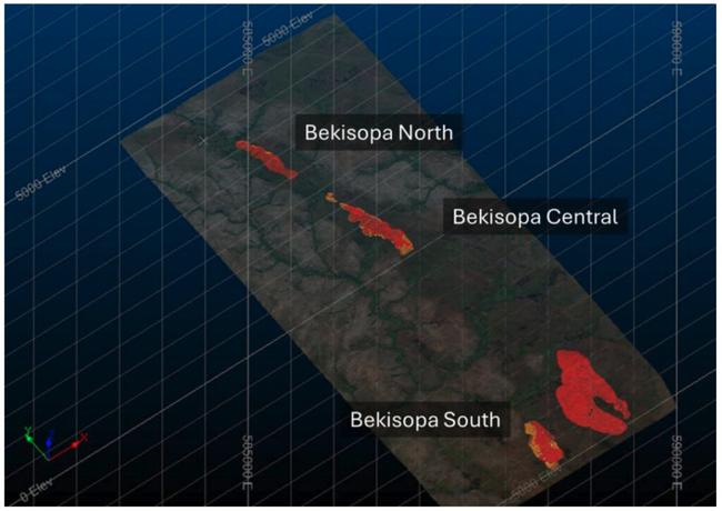 Bekisopa DSO (red) and Intermediate (orange) mineralisation domains contained in the 2025 resource estimate. Pic: Akora Resources