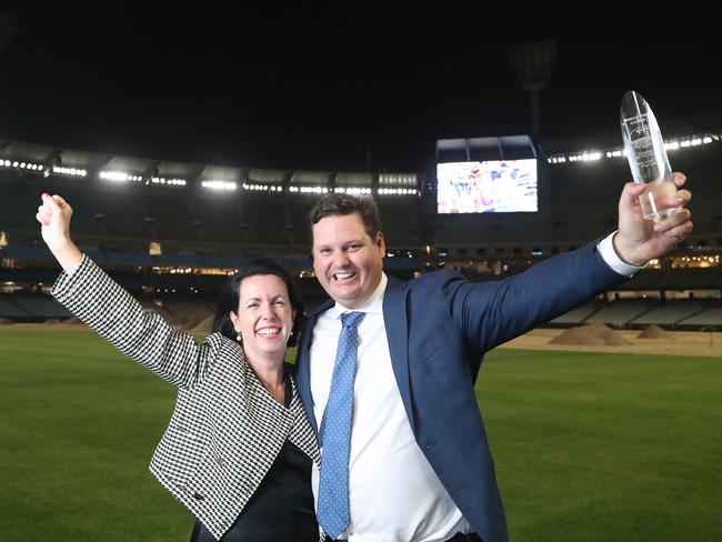 Farmer of the Year 2023, presentation night, MCG, Melbourne, Cropping section and overall winner - Nigel & Vanessa Corish, Condamine, QLD,    Picture Yuri Kouzmin