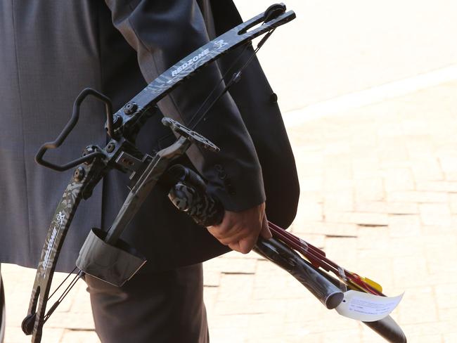 The crossbow involved in the inquest. The final day of the inquest into death of Ryan Pringle who was shot by police after threatening members of the Rainbow Family spiritual group with a knife and crossbow on April 15 2012.