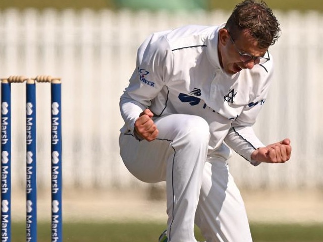 MELBOURNE, AUSTRALIA - OCTOBER 20: Todd Murphy of Victoria celebrates the wicket of Aaron Hardie of Western Australia during the Sheffield Shield match between Victoria and Western Australia at CitiPower Centre, on October 20, 2022, in Melbourne, Australia. (Photo by Morgan Hancock/Getty Images) (Photo by Morgan Hancock/Getty Images)