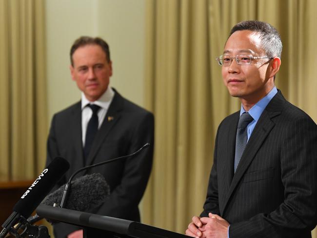 Consul-General of China Long Zhou speaks at the press conference as Greg Hunt looks on. Picture: AAP