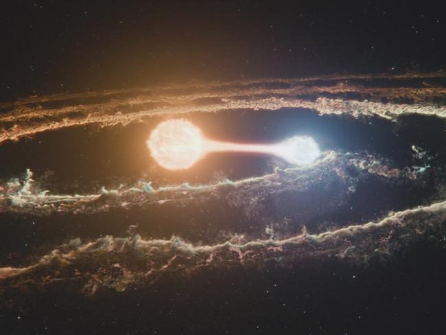 The Beta Lyrae system is about a thousand light-years from Earth. A contact binary star system, these stars are physically locked in a lasting gravitational embrace, and linked by a many-million-miles-long bridge of fire made of star stuff. COSMOS: POSSIBLE WORLDS premieres March 9, 2020 on National Geographic. (Cosmos Studios)