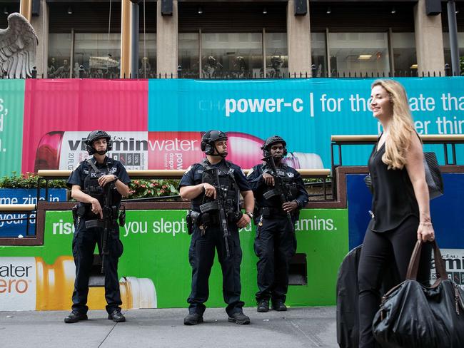 New York Mayor Bill de Blasio has promised a ‘substantial’ police presence throughout the week and Governor Andrew Cuomo said an additional 1000 New York State and National Guard troops will patrol transit stations and airport. Picture: Drew Angerer