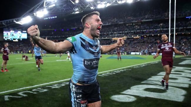 NSW's James Tedesco celebrates winning try with Mitchell Pearce during Game 3 of the 2019 State of Origin series. Picture. Phil Hillyard