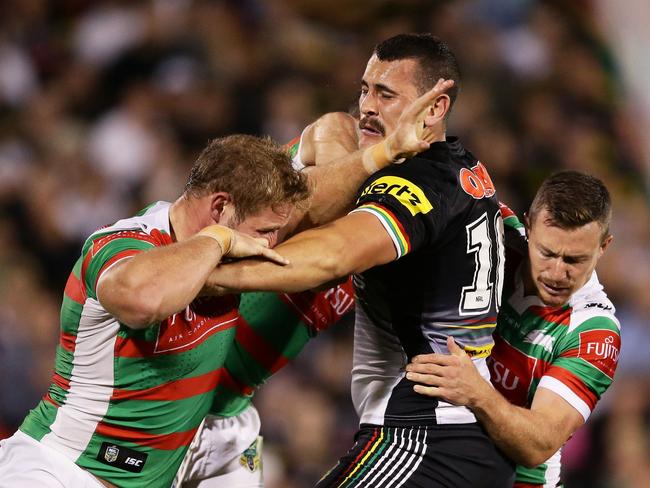 Reagan Campbell-Gillard is tackled by South Sydney at Pepper Stadium, Picture: Matt King.