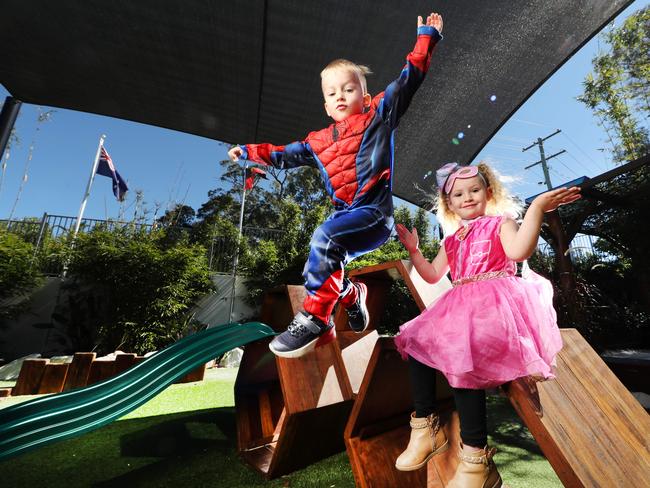 Ari Scholithe, 4, and Imogen Fitzroy, 3, at Amaze Early Education Centre Ormeau. Picture: Nigel Hallett